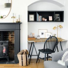 log burner on the left with a desk and chair to the right of it