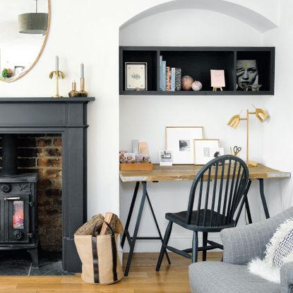 log burner on the left with a desk and chair to the right of it