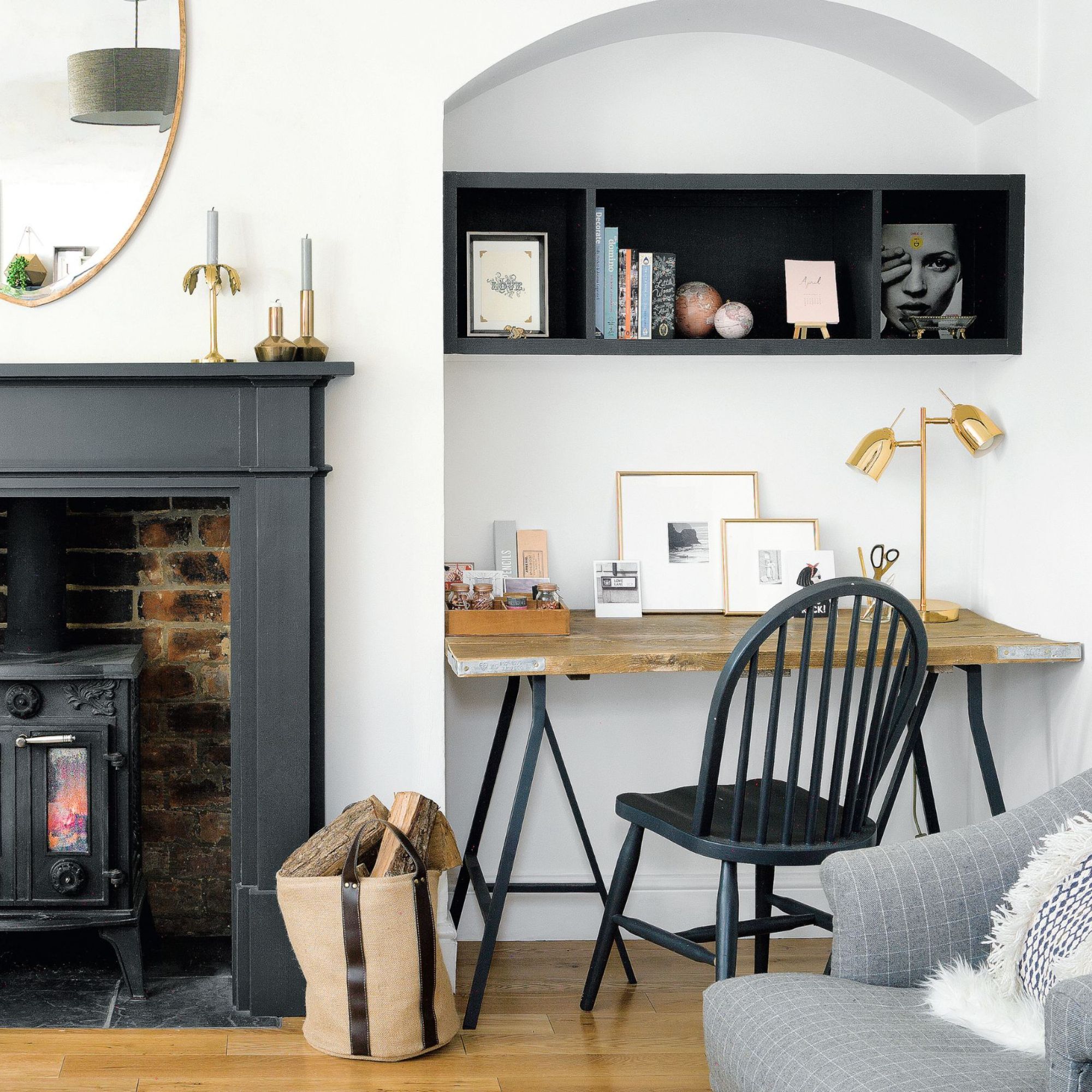log burner on the left with a desk and chair to the right of it