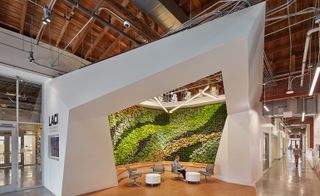 Interior of La Kretz with open plan seating area with green living wall and white architectural walls