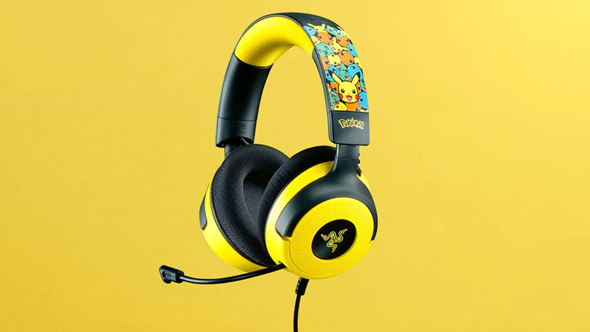 Image of the black and yellow Pokemon Edition Razer Kraken V4 X headset with a yellow background.