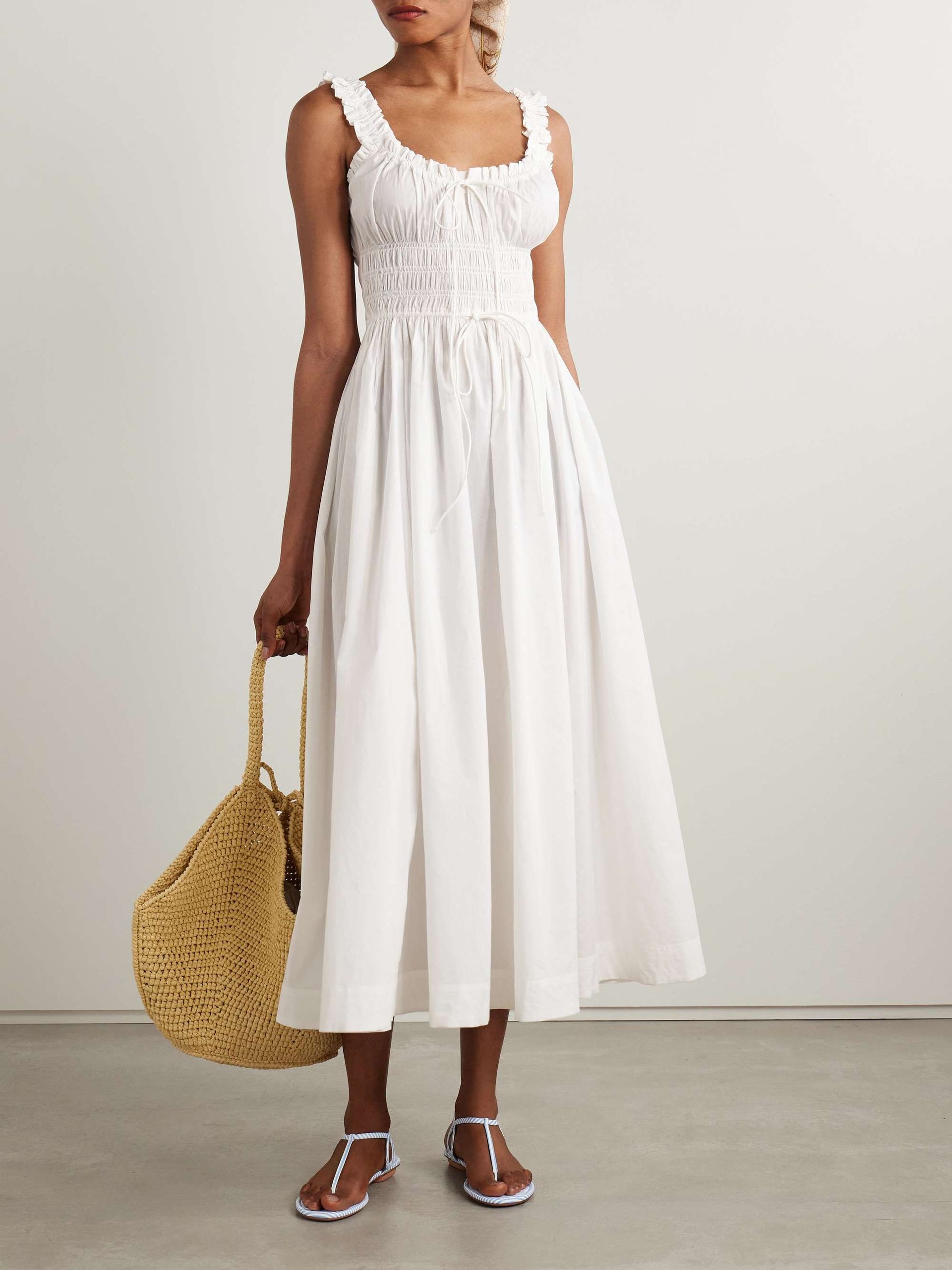 Emmaretta Tie-Detailed Shirred Cotton-Voile Midi Dress