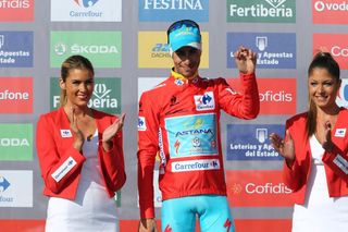 Fabio Aru on the podium after retaining the Leaders Jersey on Stage 15 of the 2015 Vuelta Espana