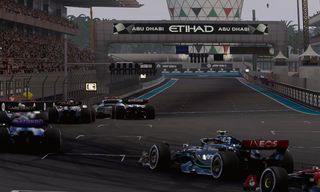 F1 cars going down the pit straight at Abu Dhabi behind the safety car.