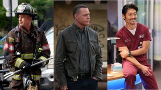 Chicago Fire's Severide, Chicago P.D.'s Voight, and Chicago Med's Ethan cropped together