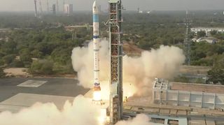 India's Small Satellite Launch Vehicle (SSLV) launches on its second-ever mission, from Satish Dhawan Space Centre on Feb. 9, 2023. The rocket deployed three satellites into Earth orbit as planned.