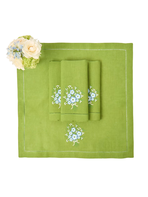 Green Floral Embroidered Linen Napkins (set of 4)