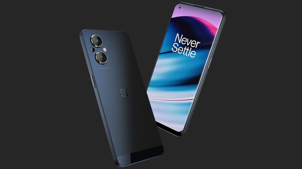 A OnePlus Nord N20 5G from front and back, against a dark background