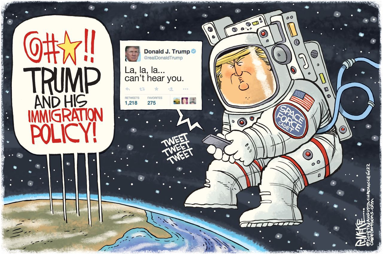 Political cartoon U.S. Trump Space Force immigration policy Twitter