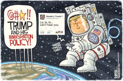 Political cartoon U.S. Trump Space Force immigration policy Twitter