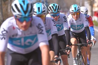 Geraint Thomas and Chris Froome at the back of the Team Sky train