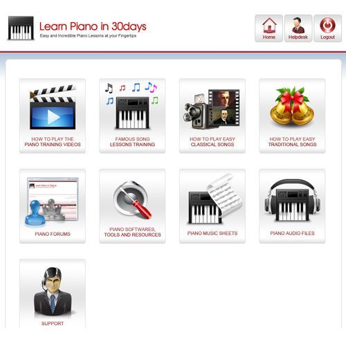 LearnPianoin30Days.com image: The main window has all the access points to everything these lessons offer.