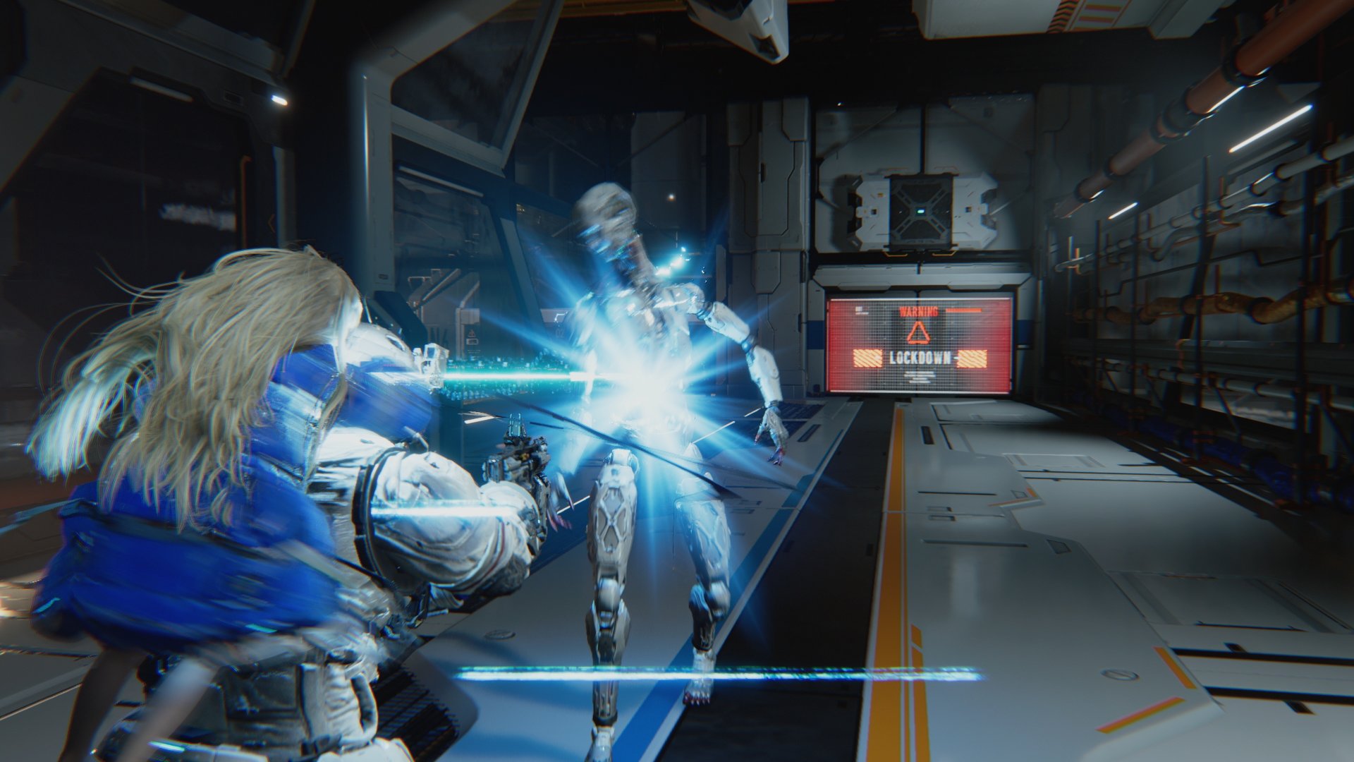 Pragmata screenshot showing protagonist Hugh and his android companion Diana fighting against a robotic foe