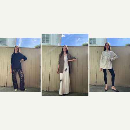 Three Style at Large outfit ideas featuring black lace trousers with a navy sweater, a floral ivory slip dress layered under a plaid blazer, and black leggings with an embellished striped tunic.