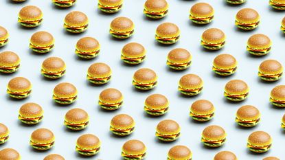 A repeating pattern of 3D rendered cheeseburgers.