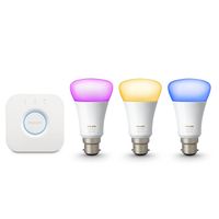 Philip Hue white and color ambience bulbs on a white background