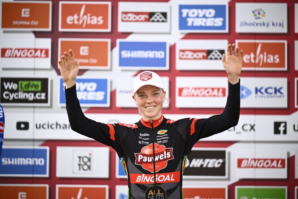 Dutch Fem Van Empel celebrates on the podium after winning the women elite race at the World Cup cyclocross cycling event in Tabor Czech Republic stage 3 out of 16 of the UCI World Cup cyclocross competition Sunday 23 October 2022BELGA PHOTO JASPER JACOBS Photo by JASPER JACOBS BELGA MAG Belga via AFP Photo by JASPER JACOBSBELGA MAGAFP via Getty Images
