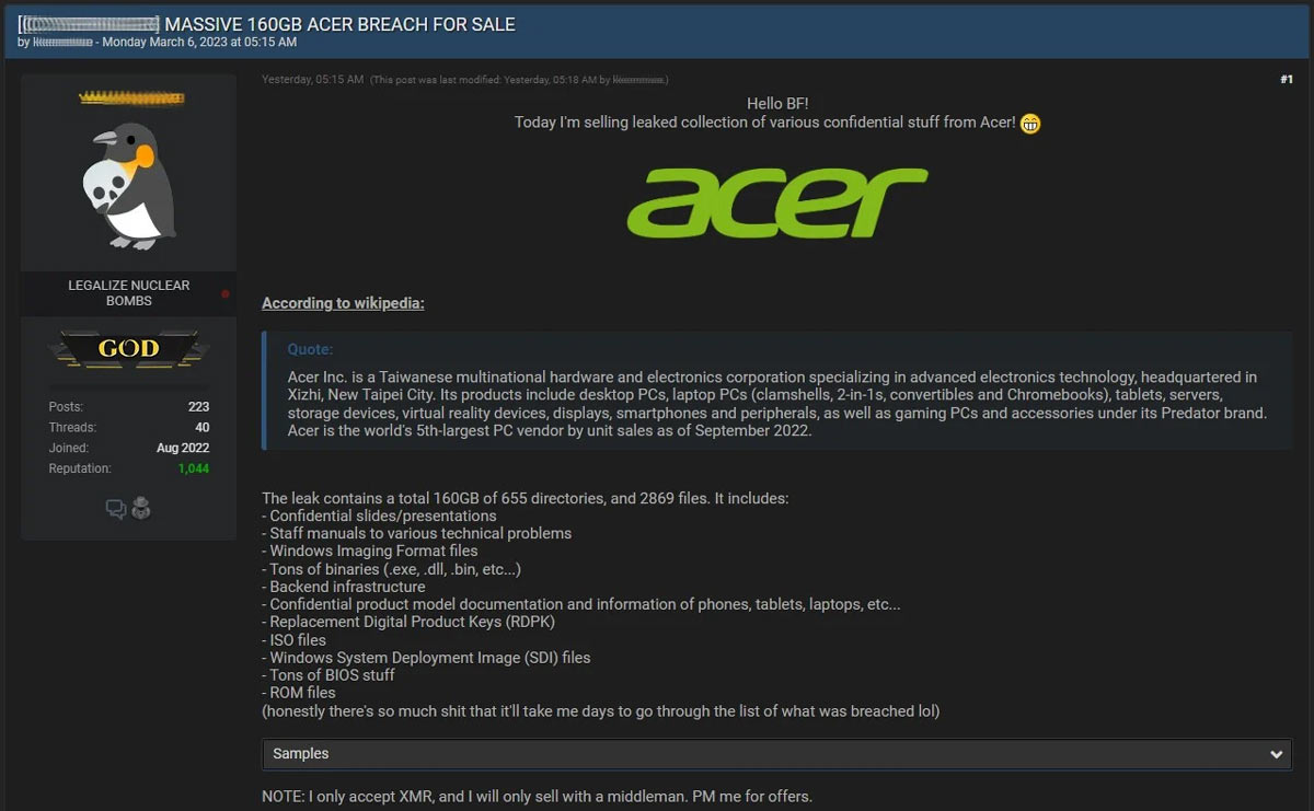 Acer data leak - looking for the highest bidder