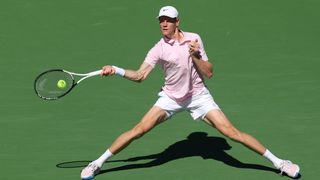 Jannik Sinner of Italy returns against Alexander Zverev of Germany during their Men's Singles Semifinals match on Day 11 of the BNP Paribas Open at Indian Wells Tennis Garden on March 14, 2026 in Indian Wells, California. 