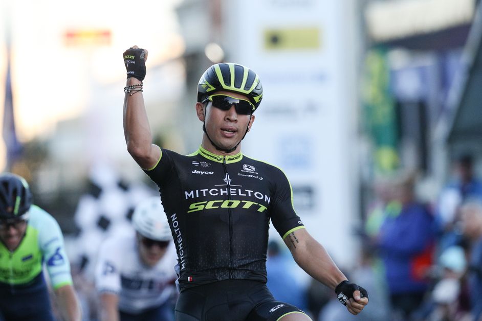 Caleb Ewan punches the air