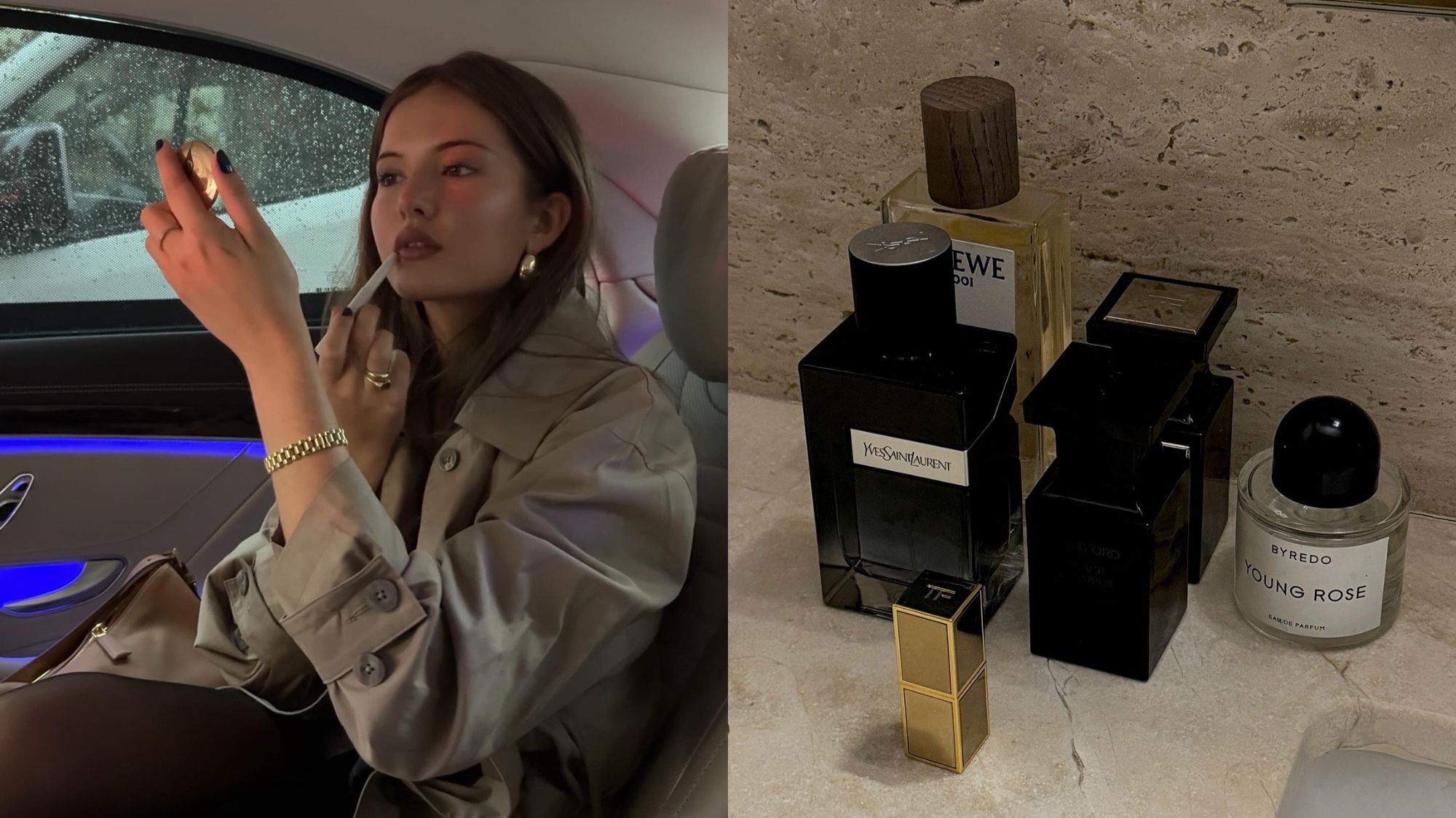 Split image of a woman applying lip liner in the car and a person's collection of luxury perfumes.
