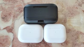 The Shure Aonic Free charging case compared to the AirPods Pro and AirPods 3 charging cases
