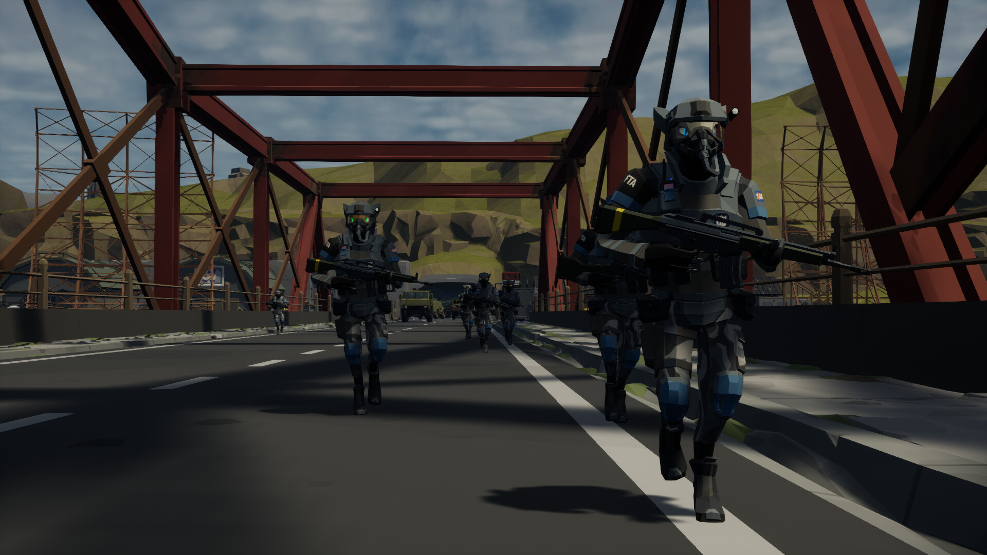 Project Silverfish screenshot showing heavily armored soldiers crossing a bridge