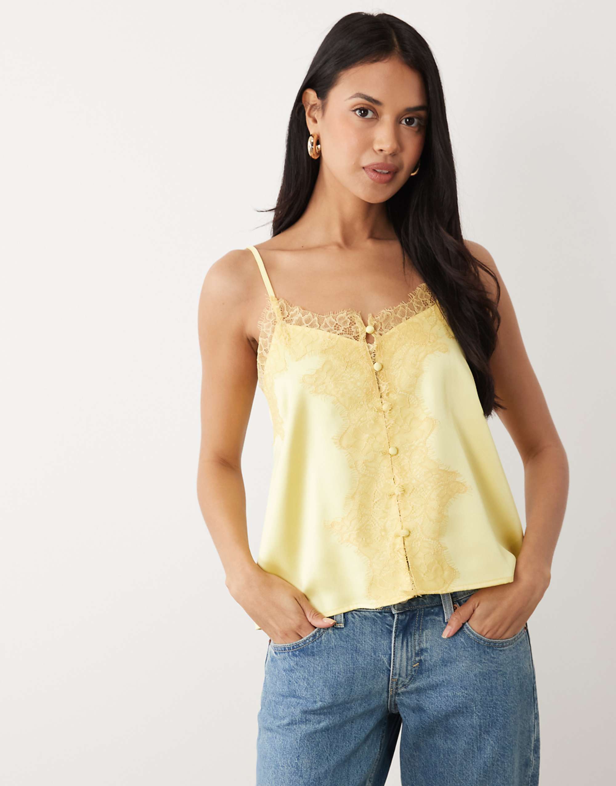 Asos Design Lace Trim Satin Cami Top in Butter Yellow