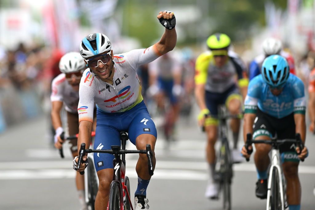 LA SOUTERRAINE FRANCE AUGUST 16 Julien Simon of France and Team Total Energies celebrates at finish line as stage winner during the 55th Tour du Limousin Nouvelle Aquitaine 2022 Stage 1 a 1764km stage from VerneuilsurVienne to La Souterraine 385m TDL2022 on August 16 2022 in La Souterraine France Photo by Dario BelingheriGetty Images