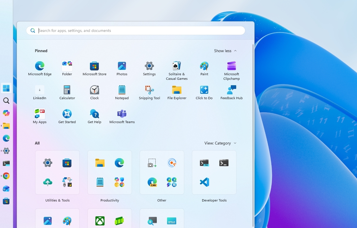 A computer screen displays the Windows 11 Start menu with app icons like Microsoft Edge and Paint. The background features a blue abstract design.