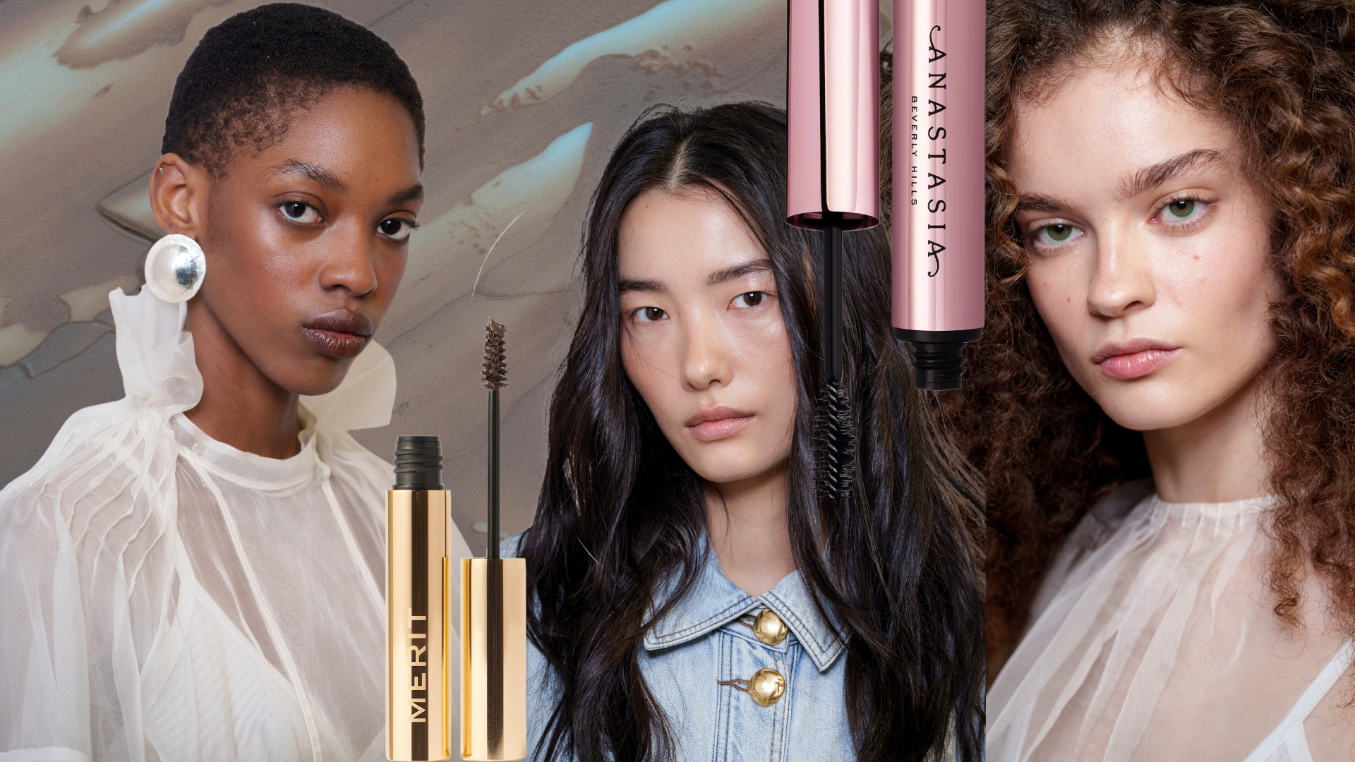 brown makeup background with cut out of woman in a white shirt and peal earrings and woman in a blue shirt with black hair with strong brows next to brow gel product