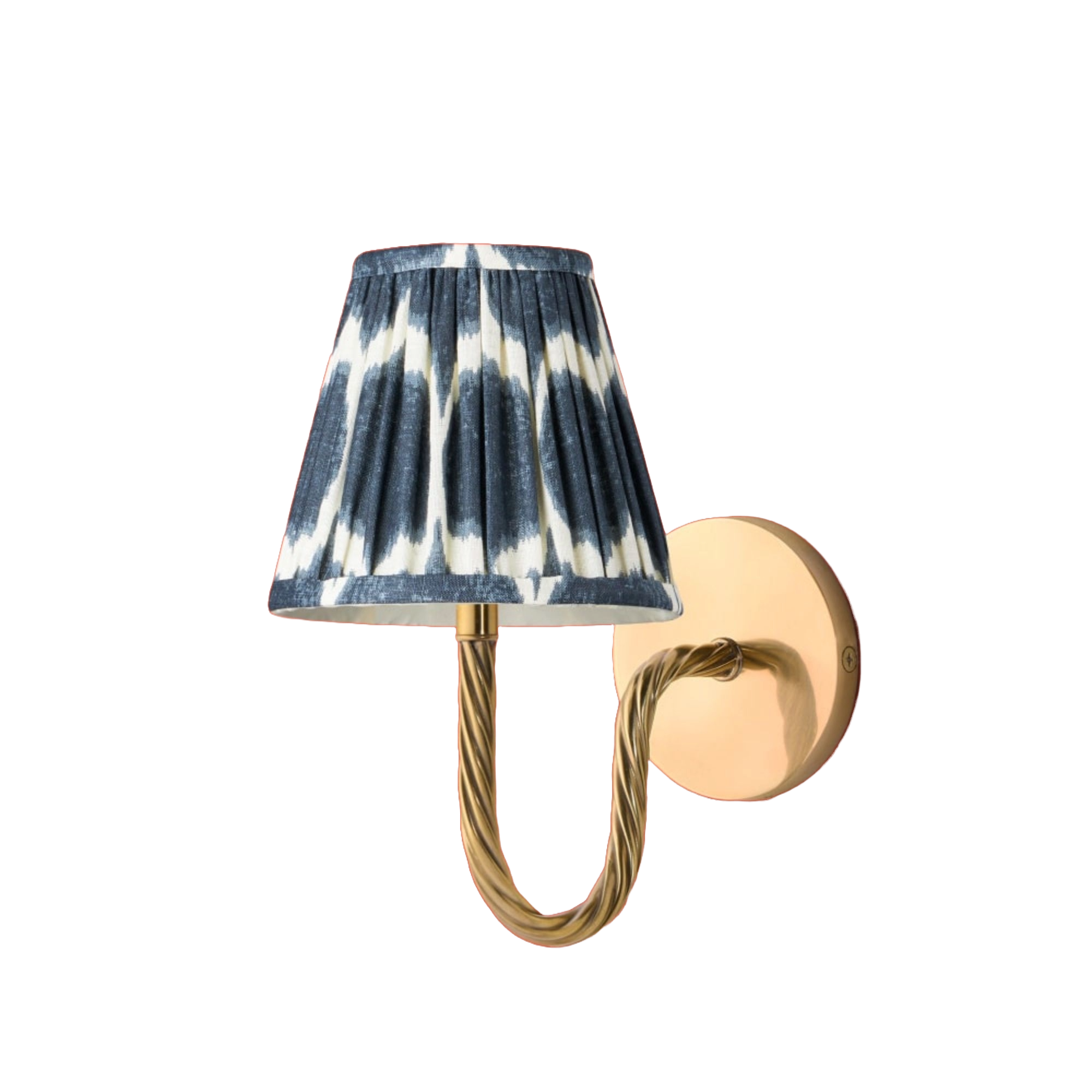 Pooky Quingo cordless brass wall light with Ikat empire shade