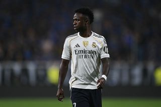 Vinicius Junior of Real Madrid looks on during the LaLiga EA Sports match between Real Oviedo and Real Madrid CF at Carlos Tartiere on August 24, 2025 in Oviedo, Spain.