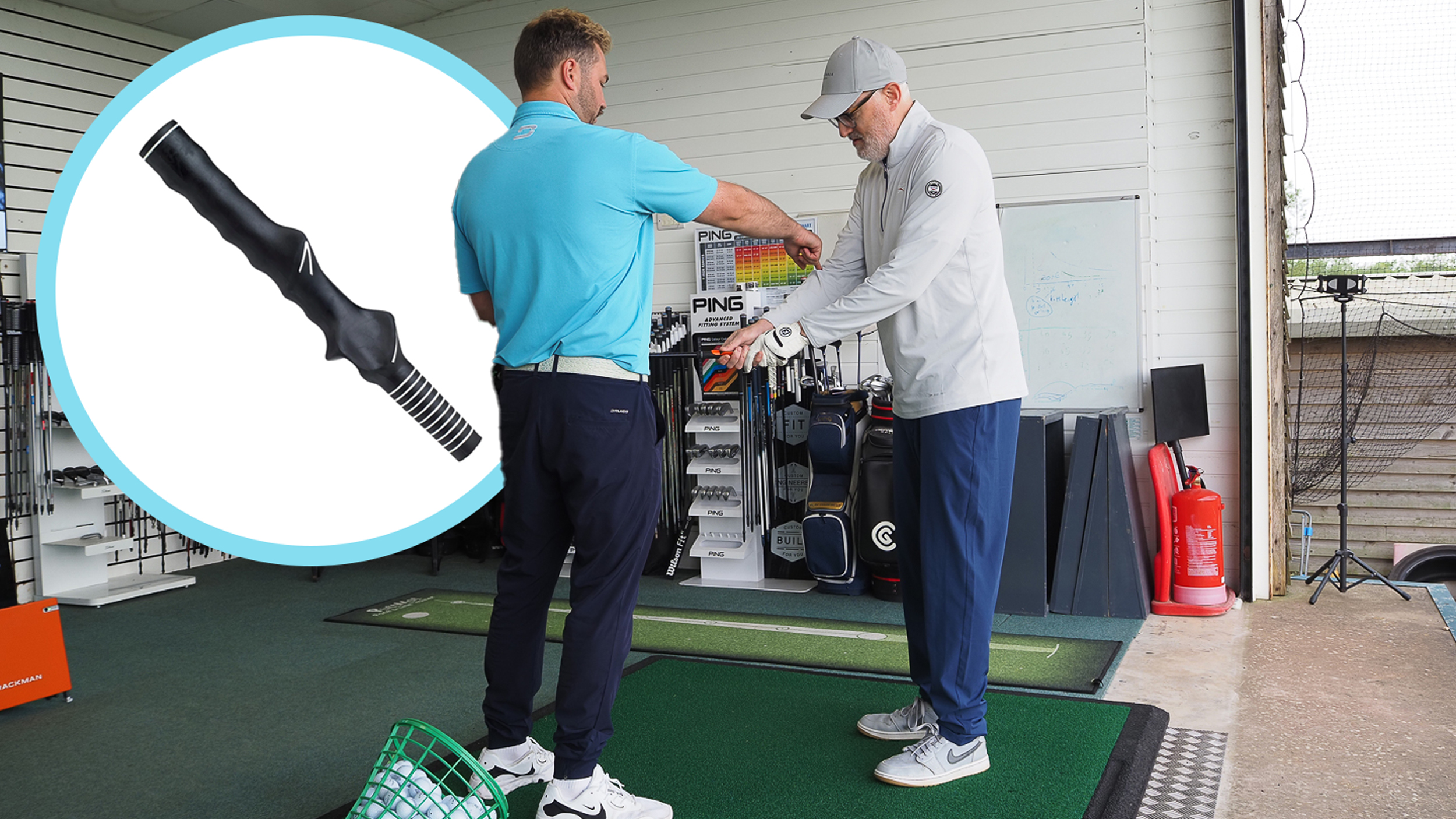 Rob Spedding working with Top 50 Coach Joshua Mayo on improving his grip in a golf lesson, with an inset image of a cheap $10 training aid that can provide immediate results
