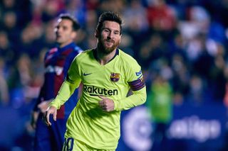 Lionel Messi celebrates after scoring for Barcelona against Levante in La Liga in December 2018.