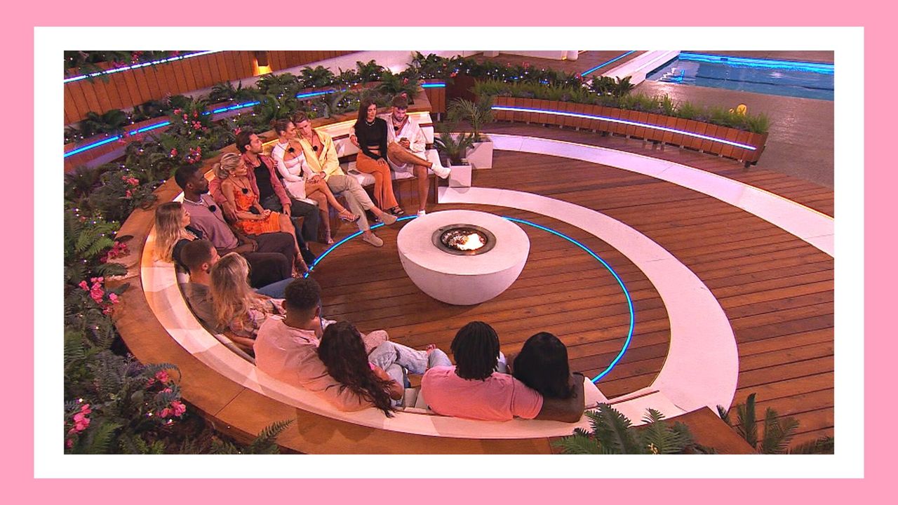 Love Island&#039;s First Look: The islanders pictured sat in their couples around the firepit in Love Island 2023/ in a pink template