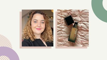 Our beauty editor's Huda Luminous Matte Foundation review - two images side by side, one of Rhiannon Derbyshire wearing the base, one of the bottle of the huda foundation
