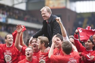 FC Twente coach Steve McClaren and his players celebrate the club's Dutch title win in May 2010.