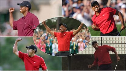 Five images of Tiger Woods celebrating Major wins