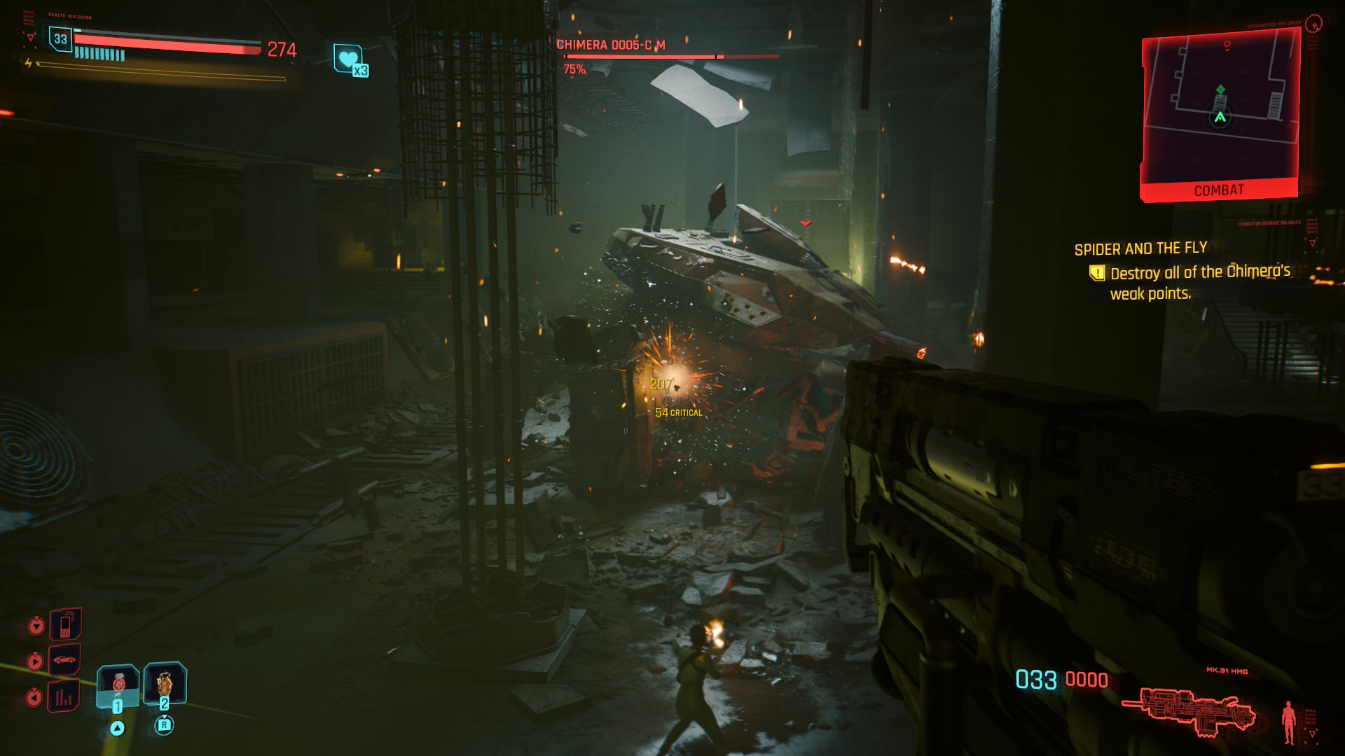 Cyberpunk 2077 Switch 2 gameplay showing V fighting the Chimera robot in Night City
