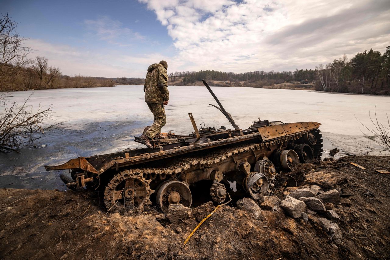 A destroyed Russian tank