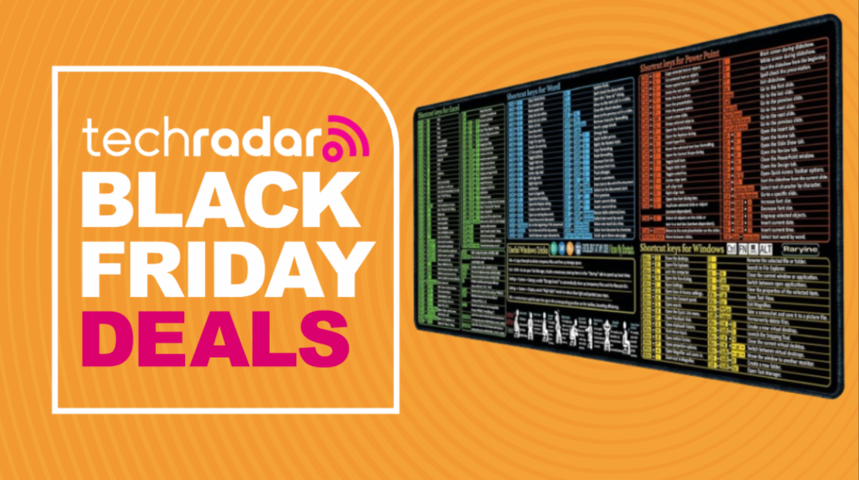 The Raryine keyboard shortcut desk mat on an orange background next to a TechRadar badge reading 'Black Friday deals'