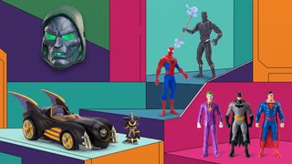 A selection of superhero toys and masks.