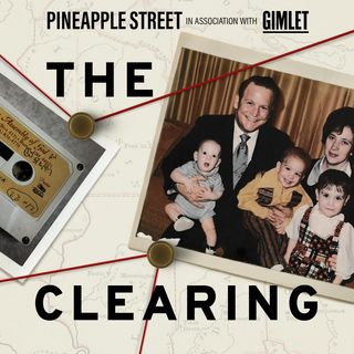 the clearing podcast cover art with an old family photo pinned to a map