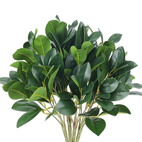 Ho2nle 4pcs Artificial Greenery Stems Faux Magnolia Leaves Green Fake Shrubs Plants for Vase Garden Outdoor Planters Window Box Home Wedding Courtyard Office Kitchen Decoration