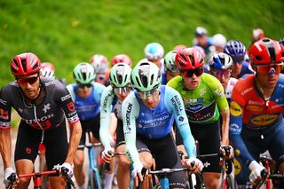 INNICHEN ITALY APRIL 23 LR Lawrence Warbasse of United States and Michael Storer of Australia and Tudor Pro Cycling Team Green Leader Jersey during the 45th Tour of the Alps 2025 Stage 3 a 1455km stage from Sterzing to Innichen San Candido 1176m on April 23 2025 in Innichen Italy Photo by Tim de WaeleGetty Images