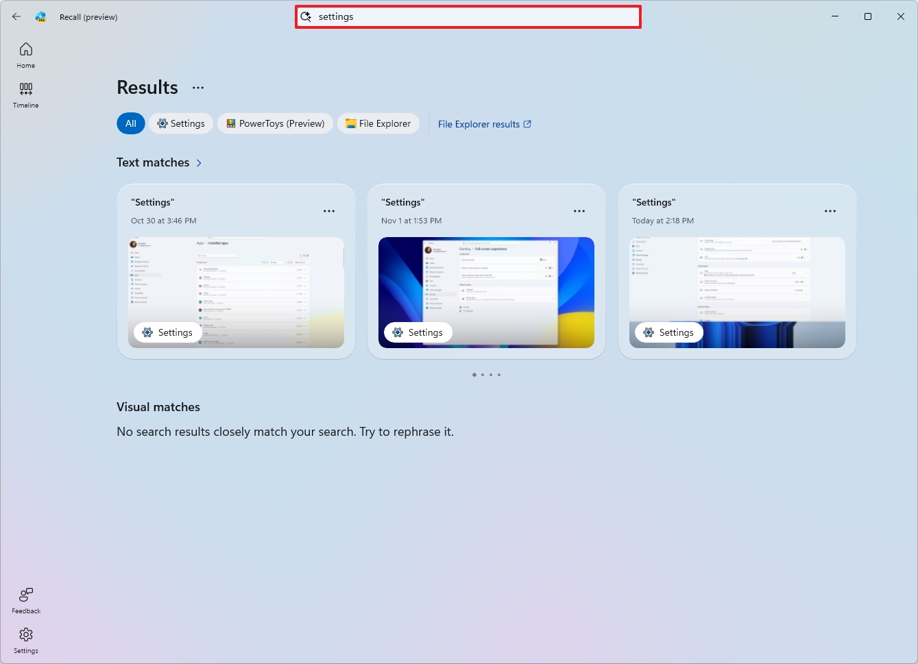 Windows Recall search