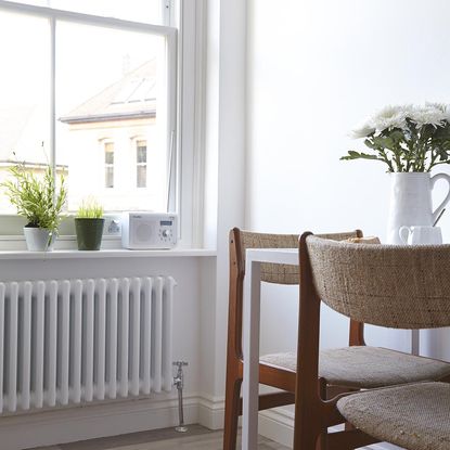 room with radiator flower vase and radio