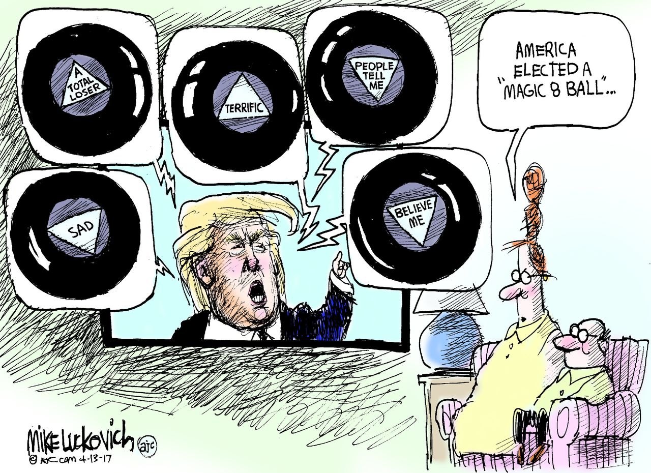 Political Cartoon U.S. President Trump lies believe me magic 8 ball