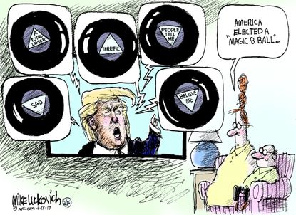 Political Cartoon U.S. President Trump lies believe me magic 8 ball